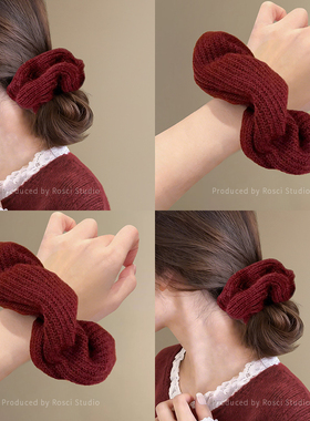 复古铁锈红色针织大肠发圈女2026新款高级感扎头发绳马尾韩版发饰
