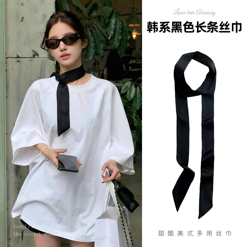 韩系氛围感黑色细长条丝巾腰带发带女系脖高级感搭配衬衫时髦配饰图片