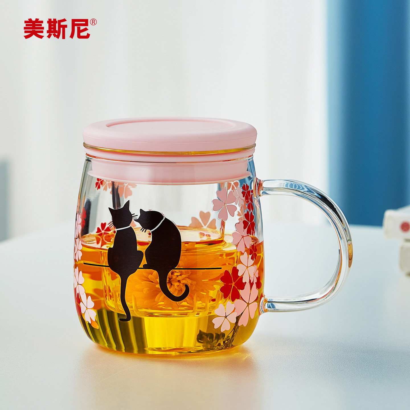 美斯尼耐热玻璃茶杯茶水分离水杯女办公室花茶泡茶杯礼品猫咪杯子