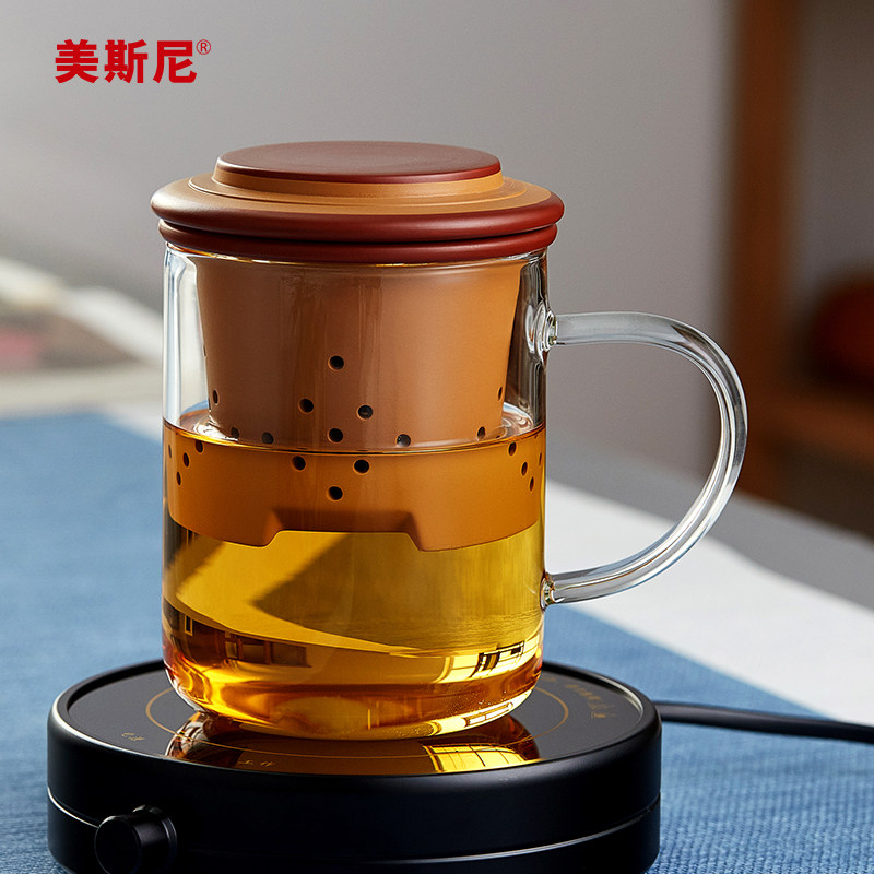 美斯尼 紫砂过滤办公杯耐高温透明水杯加厚办公室玻璃泡茶杯子