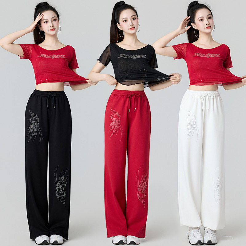 夏季广场舞网纱烫钻短袖套装女