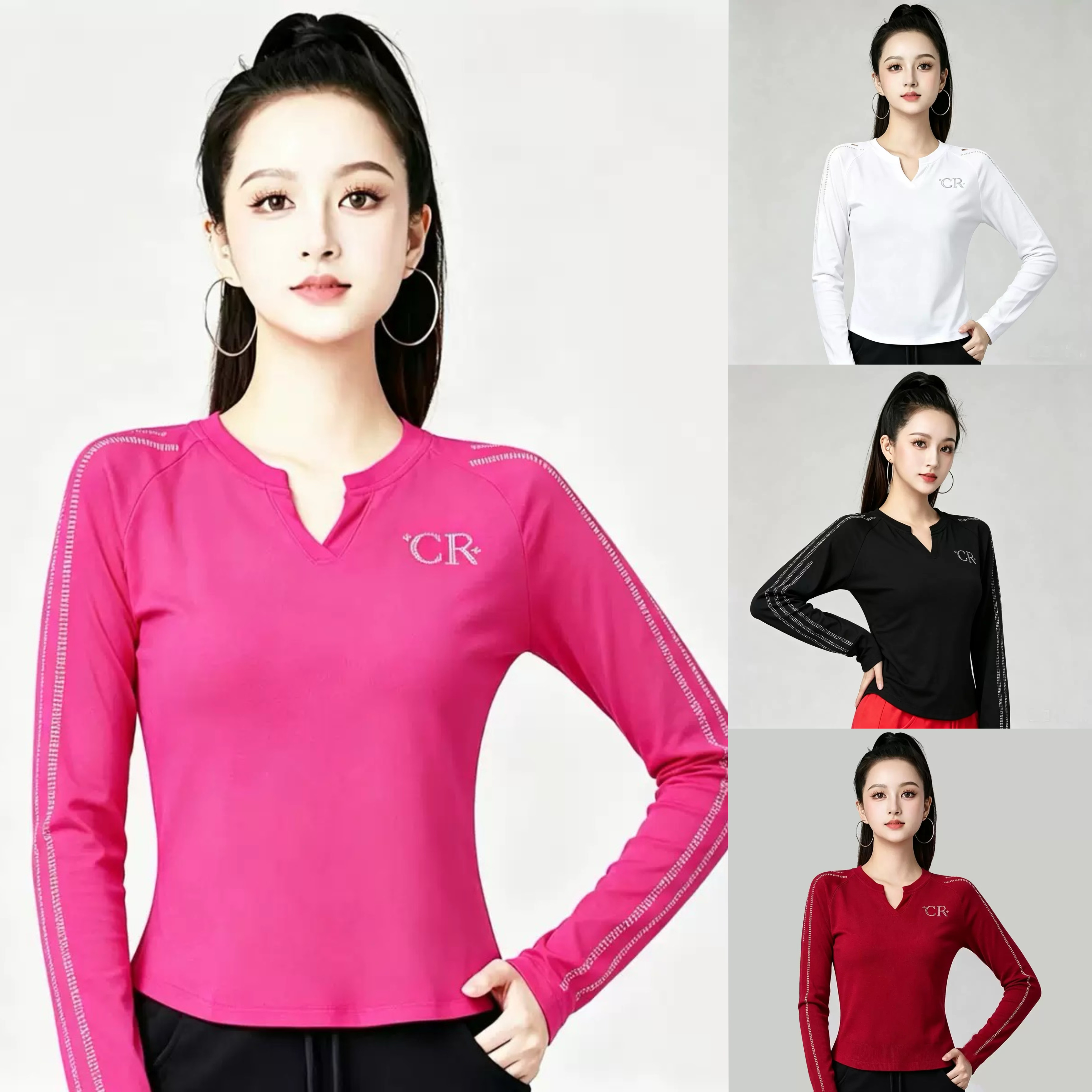 秋季新款广场舞服装条纹烫钻V领棉长袖T恤女团队跳舞跳操舞蹈上衣