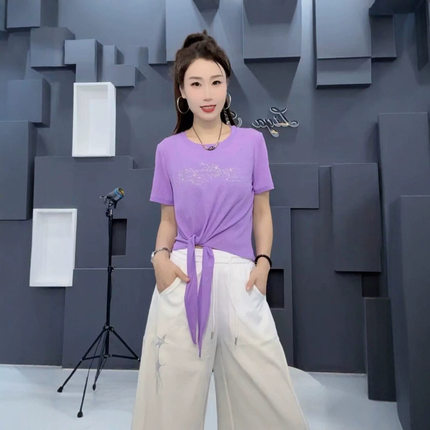 夏季新款冰感短袖T恤女广场舞表演服宽松透气时尚系带烫钻上衣