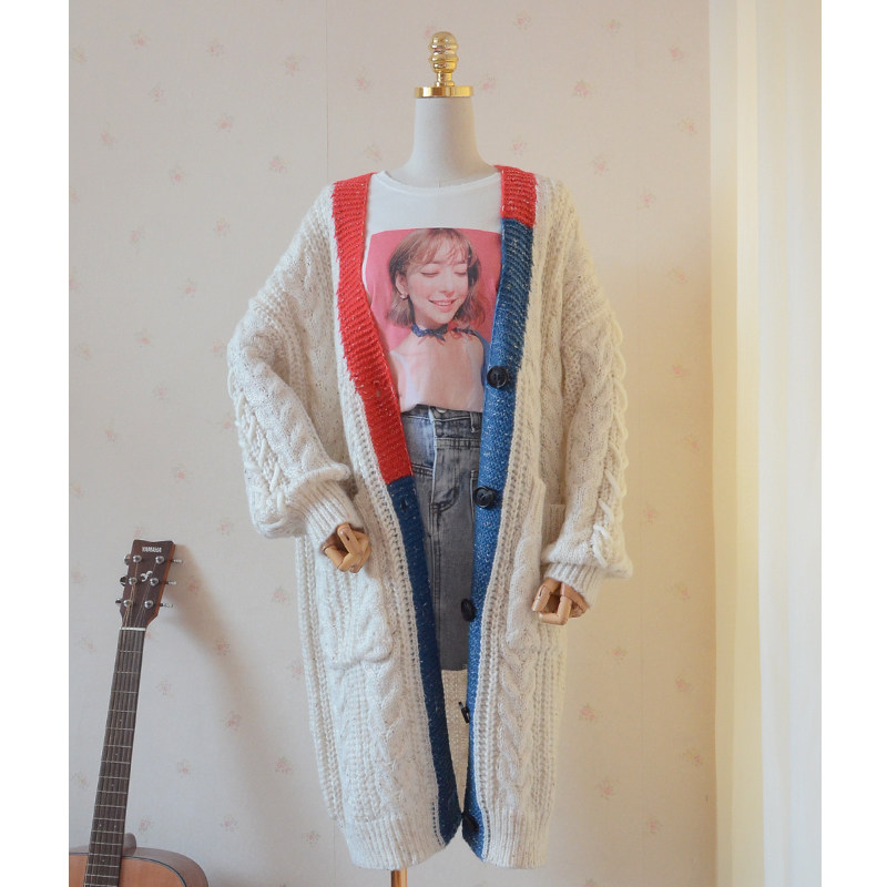 韩国麻花白色毛衣女宽松慵懒风中长款大码镂空针织开衫外套棉线衣