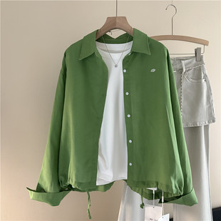 韩国订单休闲慵懒风苎麻长袖衬衫女宽松抽绳设计感短款polo领外套
