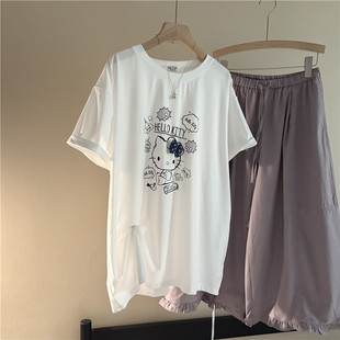 韩版Hello Kitty卡通印花短袖T恤女宽松大码遮肉圆领春夏新款上衣