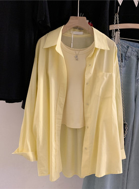 韩国订单显白黄色polo领长袖衬衫+无袖弹力小背心两件套上衣宽松