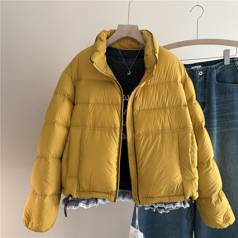 韩国订单亮黄色冬季新款短款立领刺绣走线白鸭绒羽绒服女云朵外套