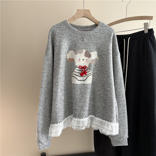 韩国订单可爱风蕾丝花边拼接小熊长袖T恤女加绒加厚圆领大码上衣