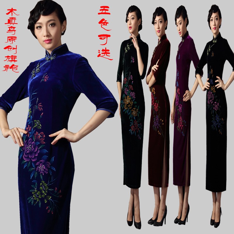 丝绒旗袍 木真鸟2020春装新款修身中袖长款复古婚礼妈妈装礼服裙