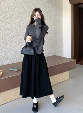 韩系温柔系穿搭套装女木耳边蝴蝶结针织开衫黑色A字半身裙两件套