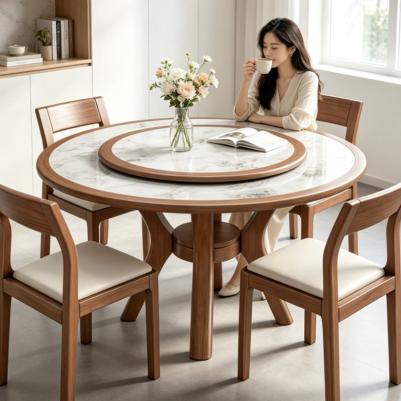 2026新款实木岩板餐桌圆形现代简约家用圆桌带转盘小户型吃饭桌子