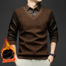 2025秋冬新款男士假两件加绒加厚毛衣中年男装宽松休闲针织打底衫