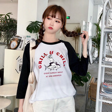 初秋2019新款 宽松怪味少女上衣潮 韩版 长袖 跨境女装 T恤黑白插肩袖