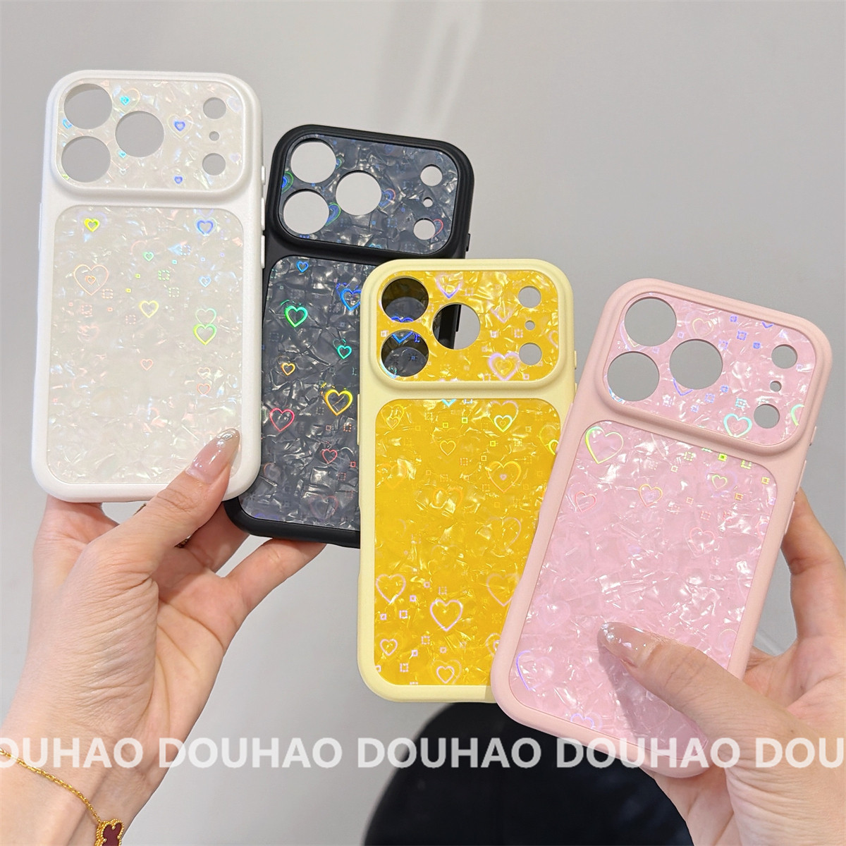 适用于苹果17Promax手机壳大视窗镭射爱心iPhone16硬壳15贝壳纹14全包防摔保护套