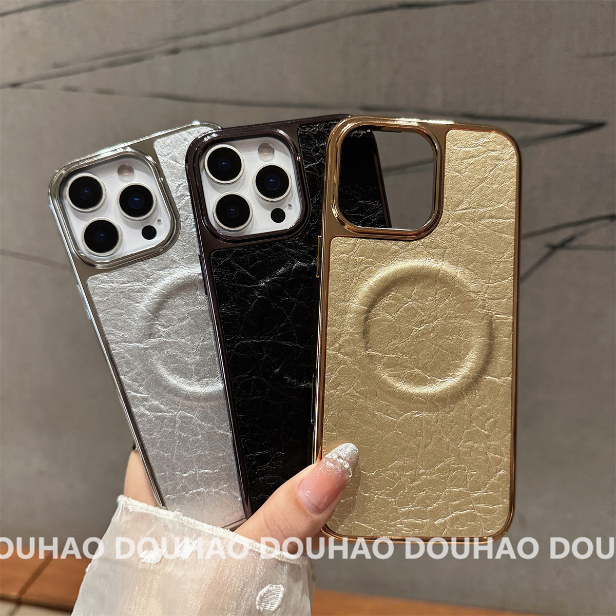 适用于苹果16Promax手机壳磁吸圈轻奢ins风皮纹裂纹iPhone15/14硬13电镀全包防摔保护套