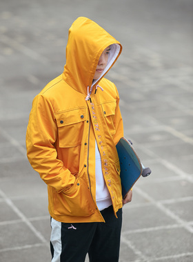 断码折扣/SKALUTE滑板街头姜黄色工装风衣带帽口袋夹克J016