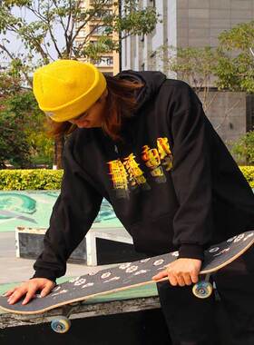 黑色全棉卫衣SKALUTE2021春款醉滑南北印花宽松外套连帽上衣H036