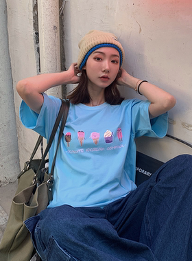 SKALUTE卡通冰激凌印花圆领短袖T恤 超值折扣 街头滑板品牌 DT031