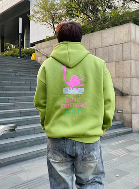 SKALUTE秋季纯棉舒适保暖绿色滑板恐龙潮流宽松连帽免烫长袖卫衣