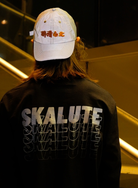 黑色长袖T恤SKALUTE2021春款反光印花全棉滑板嘻哈宽松长袖CT020