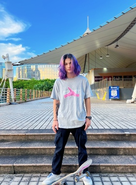 SKALUTE灰色经典抱拳LOGO全棉短袖T恤宽松潮流滑板夏季纯棉