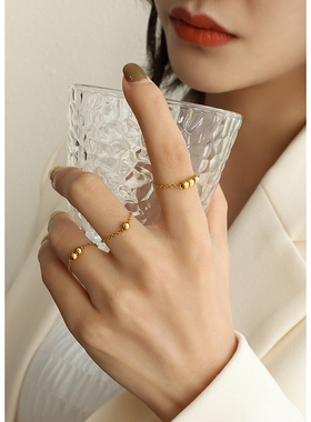 ins极简风希腊幸运小钢珠戒指尾戒钛钢18k金饰品个性食指戒