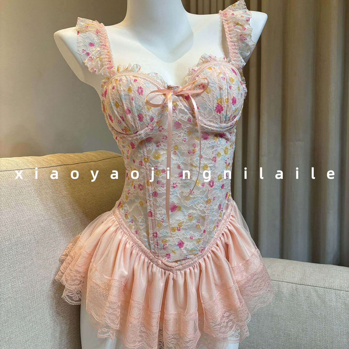 甜美蕾丝鱼骨吊带睡衣女约会战袍纯欲带胸垫情趣收腰制服qqny内衣