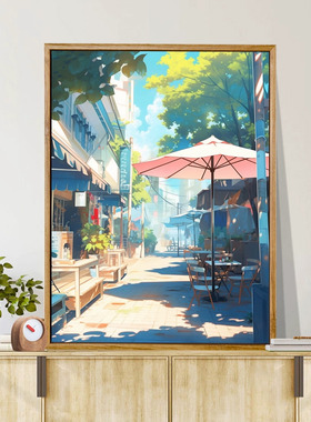 宫崎骏风城市林荫数字油画diy手绘丙烯画画油彩画装饰画