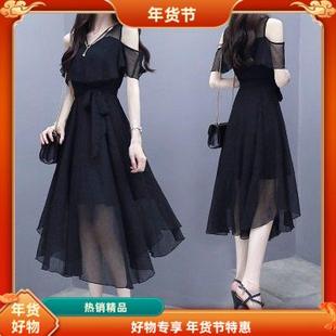 夏装短裙2025新款黑色雪纺连衣裙女收腰显瘦打底范夏天轻熟风裙子