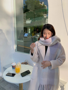 秋冬彩虹拼色格子围巾马海毛大围巾双面ac围脖仿羊绒流苏保暖加厚