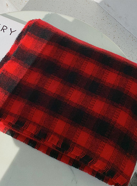 Z家同款经典毛边黑红格子柔软仿羊绒围巾女冬季加大保暖披肩围脖