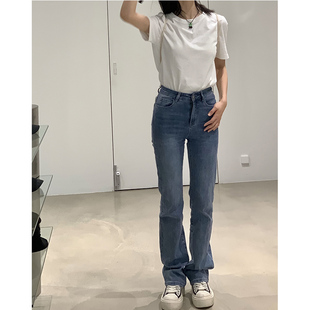 HGE睡格好觉 回馈款 复古修身高腰微喇裤 美式蓝色牛仔裤女