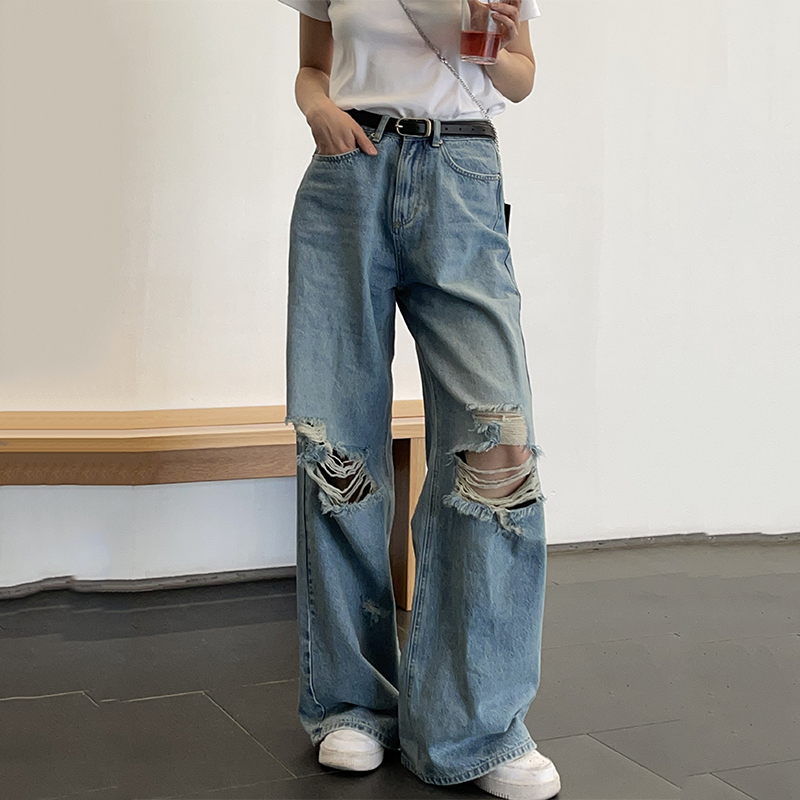 HGE睡格好觉美式复古破洞拖地裤