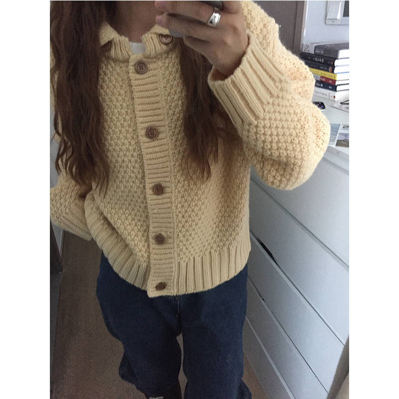 黄色韩版纯色翻领针织开衫