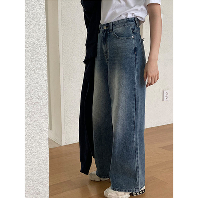 2023秋季复古蓝宽松中腰阔腿裤