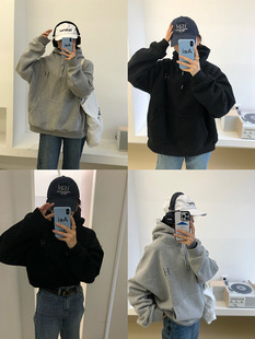 HGE睡格好觉 美式复古字母刺绣宽松抽绳套头连帽加绒卫衣女上衣