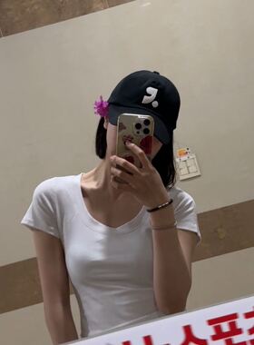 HGE睡格好觉 基础款黑白灰U型低领露锁骨款正肩修身短袖T恤女上衣