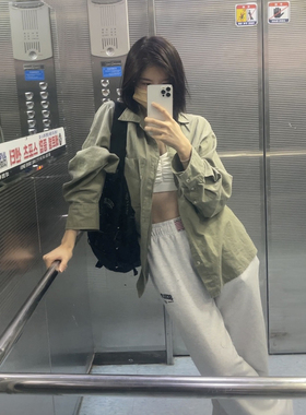 HGE睡格好觉 长袖防晒衬衫外套女 春秋款 休闲韩版复古军绿色衬衣