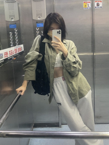 宽松绿色防晒百搭长袖衬衫外套