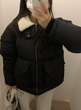HGE睡格好觉 羊羔毛拼接韩版短款鸭绒羽绒服女 防风保暖面包服