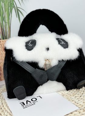进口水貂皮真毛女包皮草包单肩斜挎手拎包可爱玩偶包卡通毛绒包