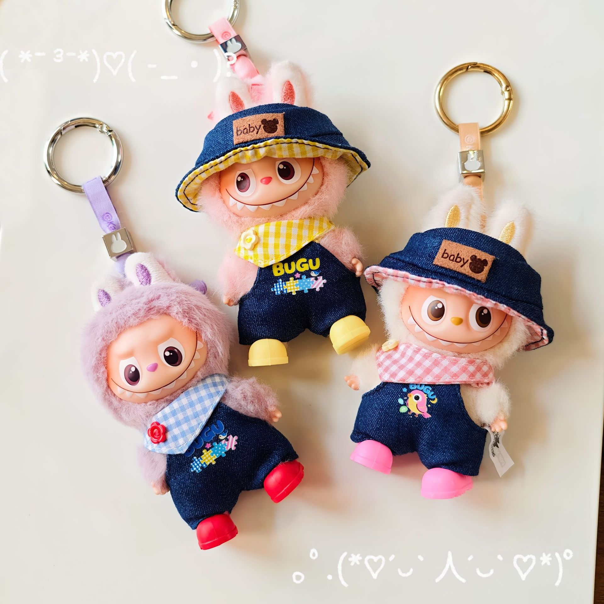 labubu四代娃衣心底密码迷你拉布布衣服潮流牛仔熊标帽背带裤套装