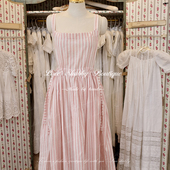 复古风格 LACESHABBY法式 粉色条纹棉麻围裙叠穿 新款 太浪漫了