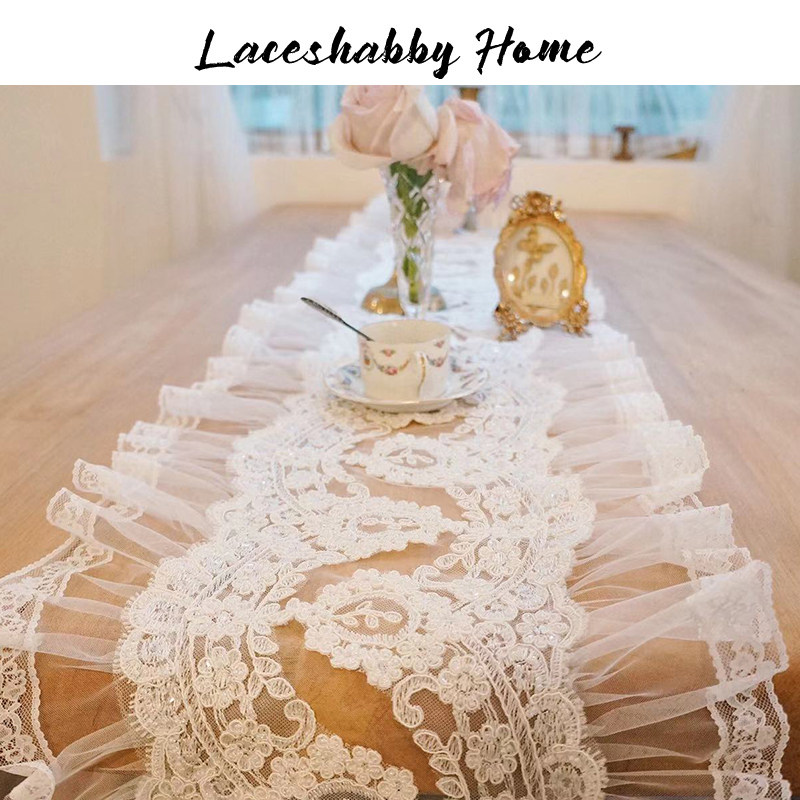 LACESHABBY新款定制法式钉珠立体绣花蕾丝荷叶边小清新桌旗桌布,居家布艺,桌旗,淘宝优惠券,粉丝福利购,淘宝优惠卷