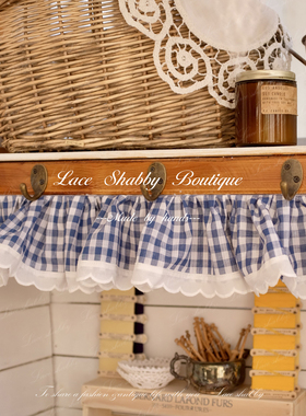 太可爱了！LACESHABBY新款蓝色格子棉麻蕾丝荷叶边自粘帘头遮挡帘