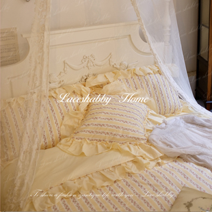 复古条纹碎花荷叶边纯棉公主床品四件套 LACESHABBY新款 法式 浪漫