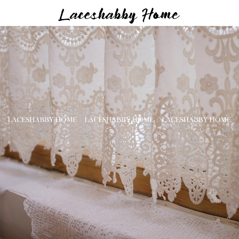 伊丝莎贝新款法式乡村风格白色镂空绣花棉蕾丝窗幔窗帘半帘咖啡帘