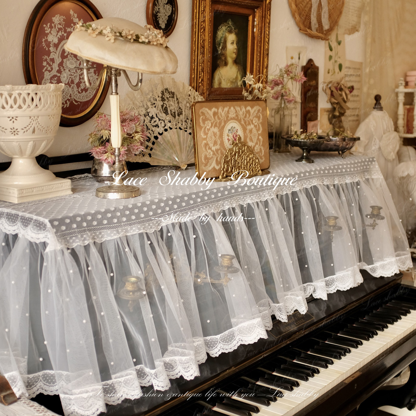 太浪漫了！中古风法国列维斯蕾丝珍珠荷叶边防尘钢琴罩钢琴盖巾