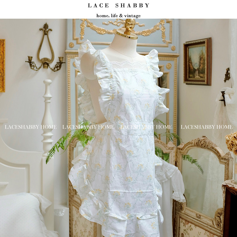 LACESHABBY新款法式复古风格白色纯棉碎花荷叶边家居服围裙